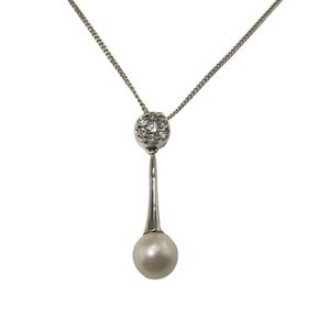 Vintage 14 Karat White Gold Pearl and Diamond Pendant Necklace #13088